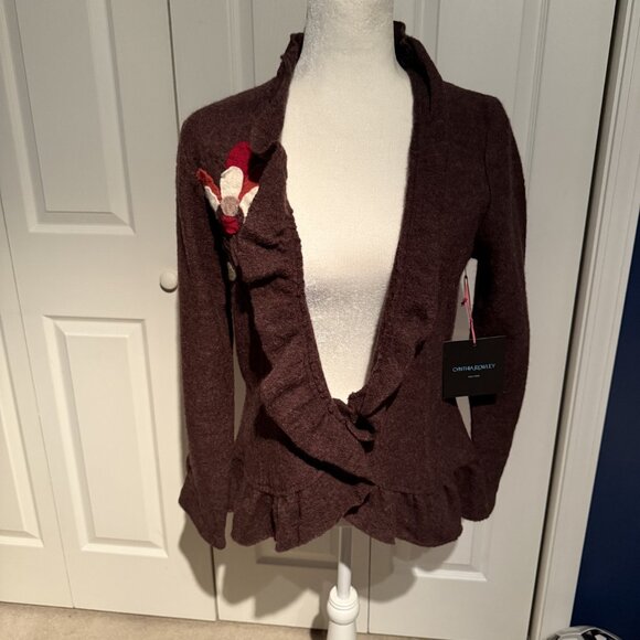 Cynthia Rowley 100% Wool Sweater Jacket Ruffle Felted Floral Accent Brown Medium - Picture 10 of 11